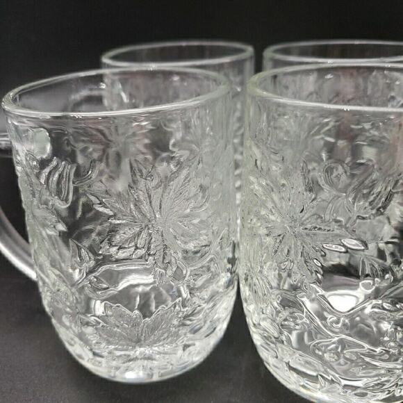 Princess House Fantasia Mugs Set of 4 Pressed Glass 4" 1965-2020 Floral - Picture 3 of 8